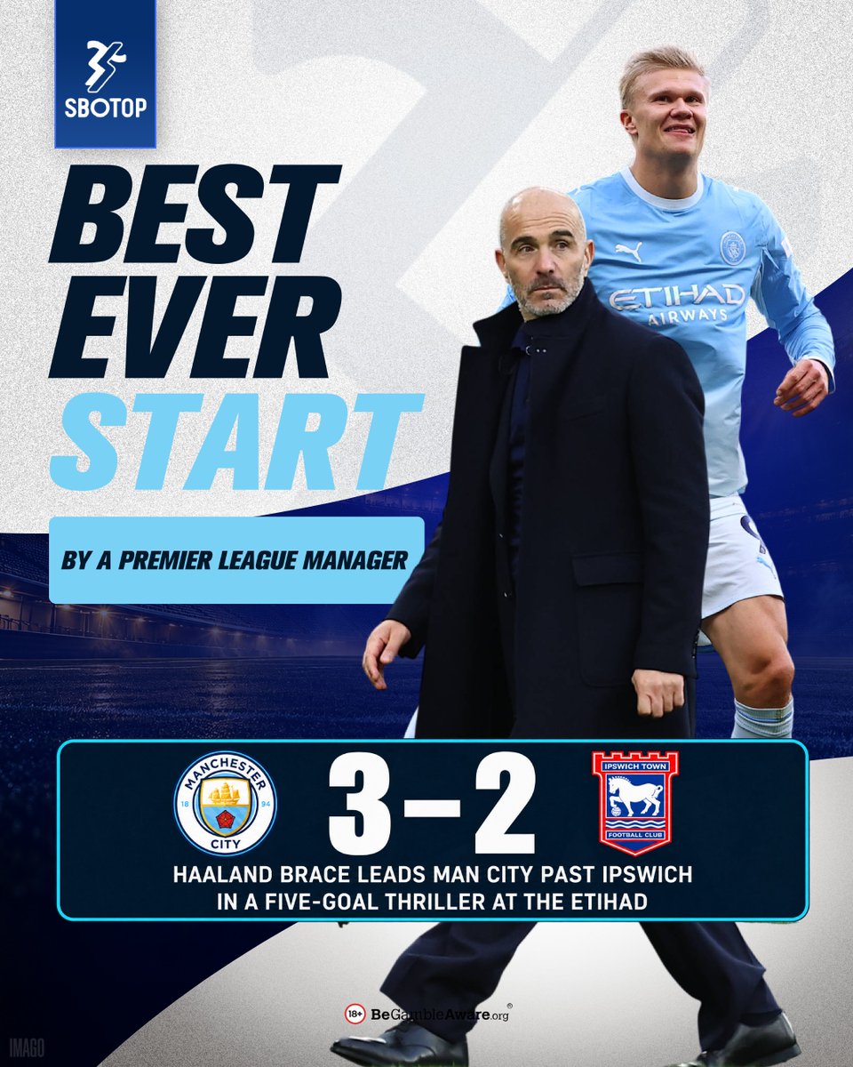 sbotopofcl's tweet photo. Enzo Maresca enters the history books as the first Premier League manager to win his first seven games! 👏

A double from Erling Haaland and an opener from Phil Foden sealed a 3-2 victory over Ipswich, keeping City perfect at the summit.

#MCFC #ITFC #MCIIPS https://t.co/xhjUlfDLI3
