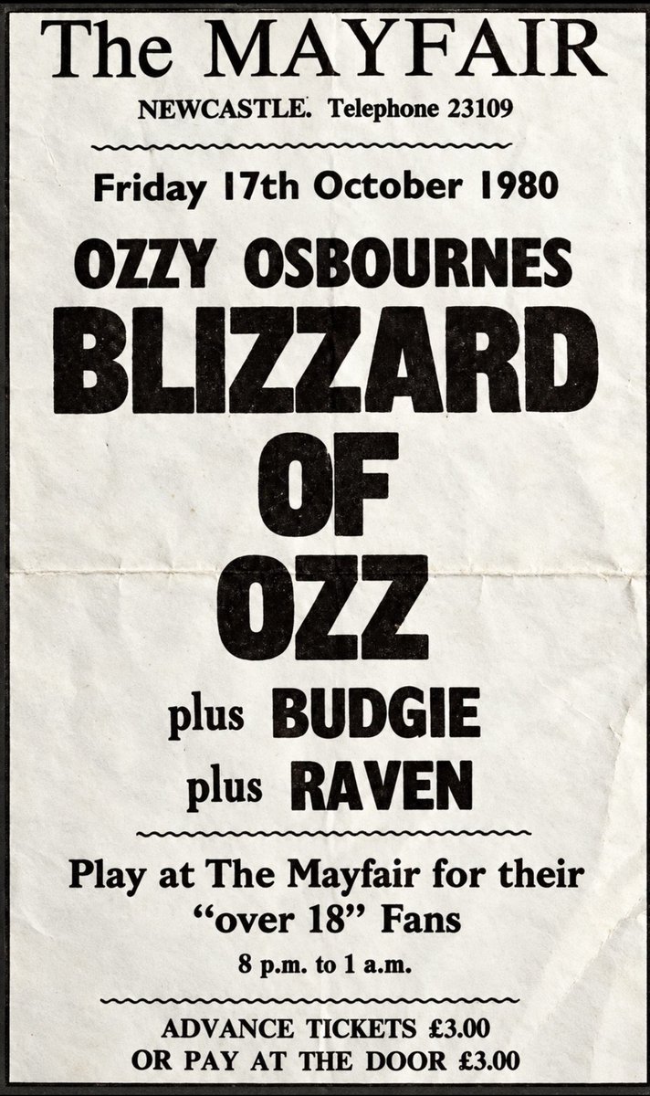 ThisDayInMETAL's tweet photo. On This Day in Metal October 17, 1980

Ozzy Osbourne performed at the Mayfair Ballroom in Newcastle upon Tyne, England, as part of his Blizzard of Ozz Tour.

This historic show was the first gig officially billed as “Ozzy Osbourne’s Blizzard of Ozz,” following earlier warm up performances that were billed under names such as The Law.

The lineup featured Ozzy Osbourne on lead vocals, Randy Rhoads on guitar, Bob Daisley on bass, Lee Kerslake on drums, and Lindsay Bridgwater on keyboards.

In a fascinating twist, Ozzy’s former band Black Sabbath were performing across the Atlantic at Nassau Coliseum in New York that same night, with Ronnie James Dio on vocals.

#ThisDayInMetal #OzzyOsbourne #BlizzardOfOzz #BlackSabbath #HeavyMetal