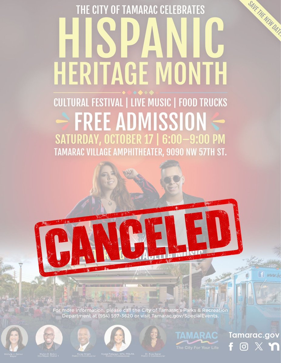 CityofTamarac's tweet photo. Due to inclement weather, tonight’s Hispanic Heritage Month Celebration has been canceled. https://t.co/rXVH3HJSTY