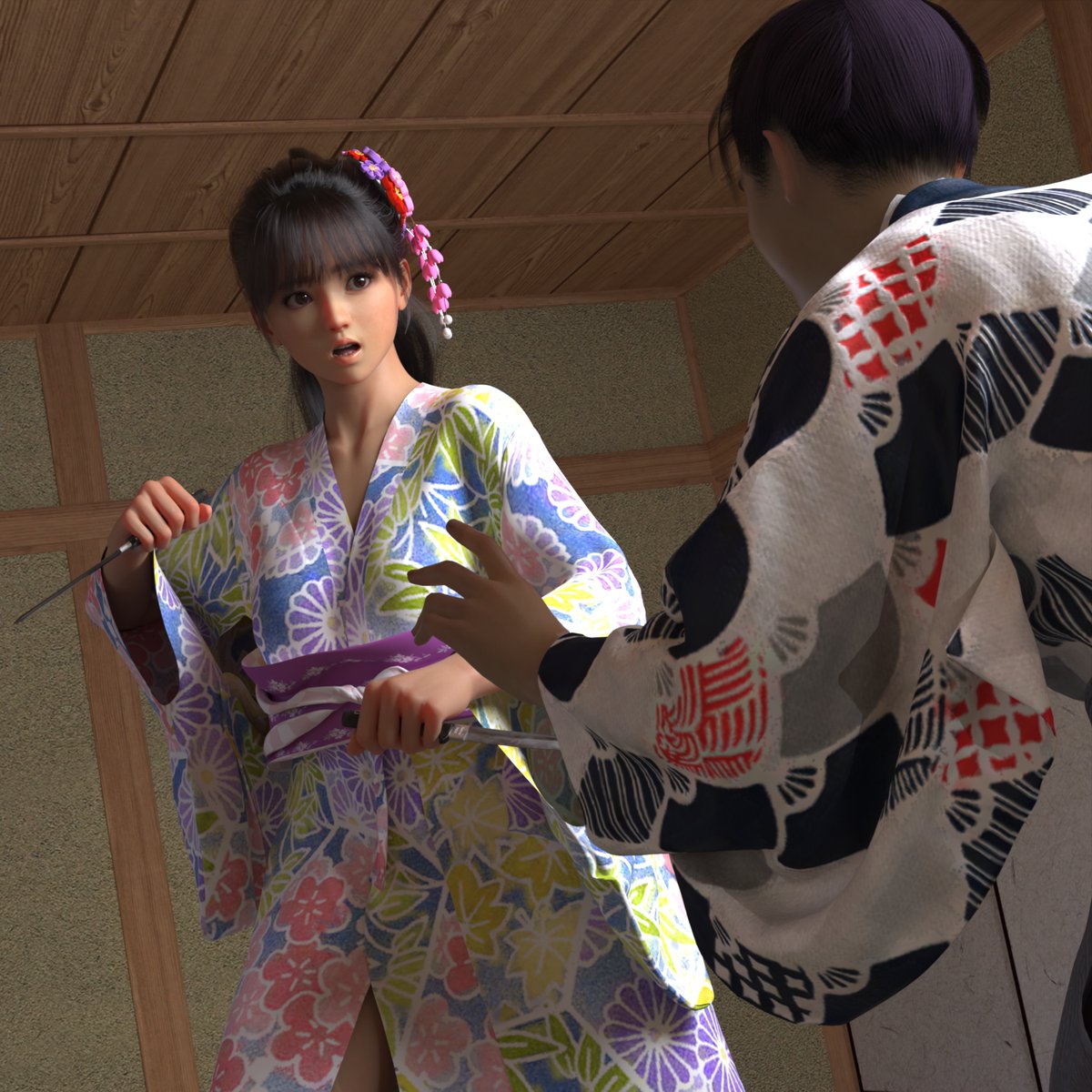 Anera_poser's tweet photo. 和服の素晴らしさ
バカ若「和服の裾から垣間見える太ももにはミニスカからでは得られない栄養が有りますなぁ。」
和美「こっち来んな！」
#3DCG #DAZStudio https://t.co/gT9QmyW7gS