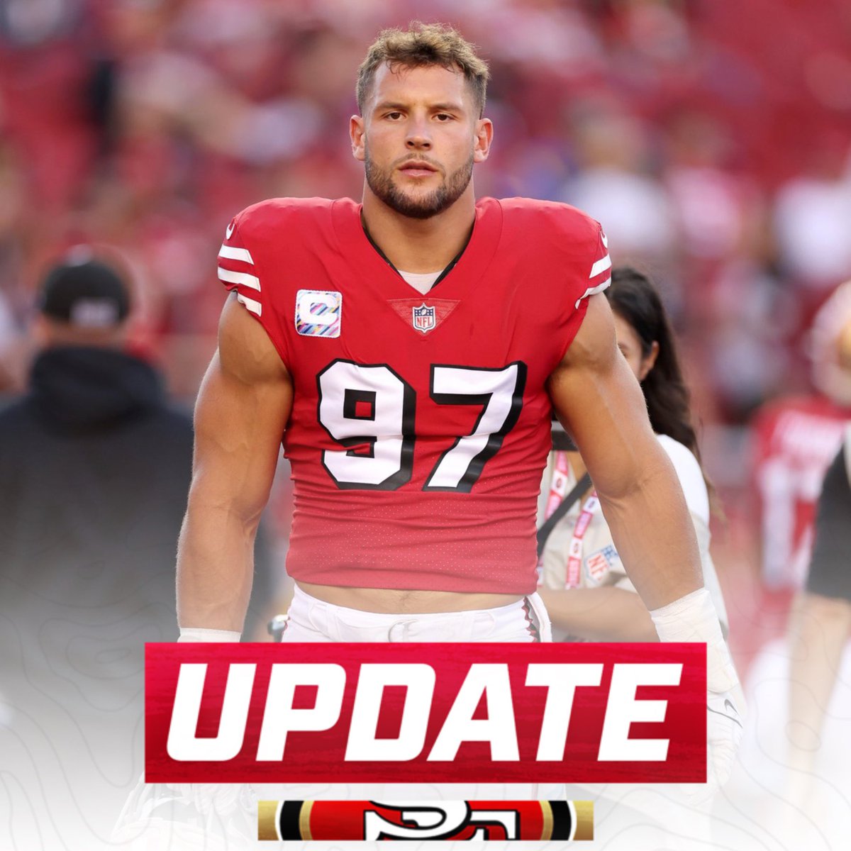 OurSf49ers's tweet photo. #49ers Nick Bosa is officially OUT for MNF against the Commanders, per Kyle Shanahan https://t.co/oA3bkQWr5D