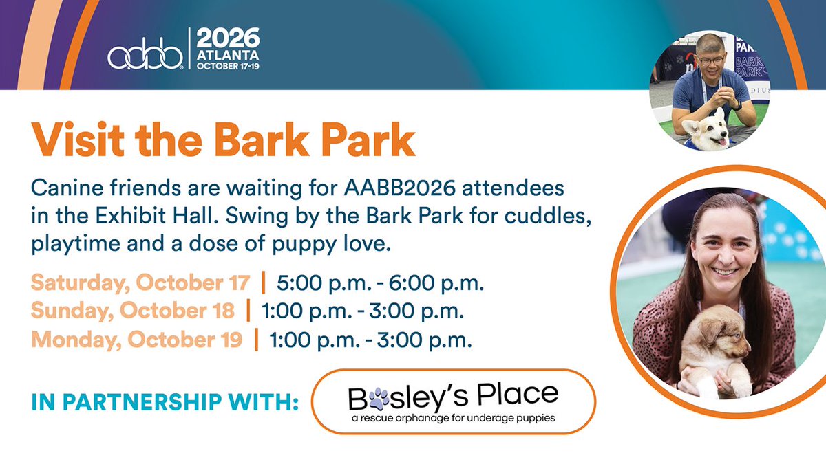 AABB's tweet photo. Need a little puppy love at #AABB2026? 🐶 

Stop by the Bark Park in the Exhibit Hall to cuddle some adorable pups, enjoy a little playtime and recharge with some four-legged friends! 

Thank you to Bosley's Place for making it possible! https://t.co/y4PLD6lLQ4