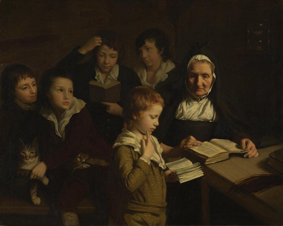 EdnasPetHacks's tweet photo. A cat makes a charming appearance in *The School*, also known as *The Schoolmistress*, John Opie’s 1784 painting at Tate Britain. 
Source: https://t.co/tmqHoZyzEC
#ArtHistory #cats #cattrivia https://t.co/Z1hhUpDisM