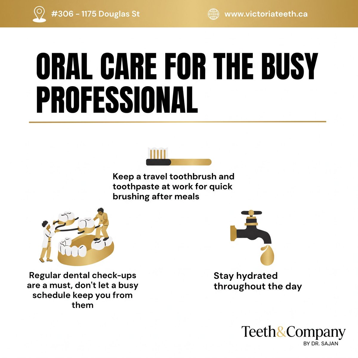 DrSajanDentist's tweet photo. Workdays packed? 🦷
💼 Brush after meals
💧 Stay hydrated
🗓️ Keep up with check‑ups
Small habits = big results for your smile.
#DentalTips #HealthySmile #VictoriaBC https://t.co/mRXqq4zr51