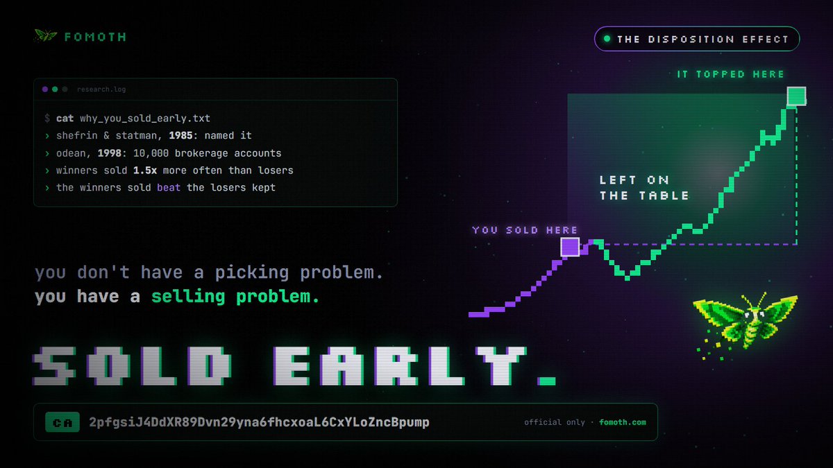 fomoth_fumble's tweet photo. you don't have a picking problem. you have a selling problem.

most people trading memecoins think their edge lives in finding the coin. the right ca, the right call, the right minute. so they spend hours on that part and about four seconds on the exit, which is usually a panic click after the first green candle.

this isn't a personal flaw, it's one of the best documented habits in finance. in 1985 two economists, shefrin and statman, gave it a name: the disposition effect. people sell what's up too early and sit on what's down too long.

in 1998 terrance odean went through ten thousand brokerage accounts and measured it. investors were about 1.5 times more likely to sell a winner than a loser. and the winners they sold went on to do better over the next year than the losers they kept.

that was stocks. slow, regulated, a few percent a month.

now put the same brain on solana, where a coin can do 10x before lunch and 50x by the weekend. the habit doesn't change, the cost of it does. selling a stock early costs you a few percent. selling a runner at 2x can cost you most of the year.

why it happens, honestly:

a green position feels like money that could disappear, so selling it feels like saving it. you lock the feeling, not the trade.

a red position isn't a loss yet in your head. it only becomes real when you click sell, so you don't.

and every early exit gets rewarded by memory, because you only remember the ones that dumped after you left. the ones that ran without you, you stop checking.

that last one is the dangerous part. nobody keeps score of what they left on the table, so nobody knows how big the number is.

that's what FOMOTH is for.

paste a solana wallet into https://t.co/XSzNnJ7IwT and it reads the full trading history off the chain. read only, no wallet connect, no keys. for every token you sold, it finds the peak that came after your exit and prices the gap.

then it splits your trading in two. how well you pick, and how well you exit. those are different skills, and most wallets are decent at the first and terrible at the second.

it shows your hold times too, winners against losers. if you hold the bad ones for days and cut the good ones in minutes, you'll see it in one line.

and it doesn't pretend you could have sold the top. nobody sells the top, grading yourself against it is just a new way to feel bad. so FOMOTH tests real rules on your own history instead. bank your cost at 2x and trail the rest 35 to 40 percent off the high, for example, and it shows what that would have paid on the exact trades you made. there's a simulator if you want to try your own.

the moth reads the whole report with you, and it's not polite about it.

the point isn't to never sell. it's to stop selling for the wrong reason, and to finally see the number your memory keeps hiding from you.

https://t.co/XSzNnJ7IwT