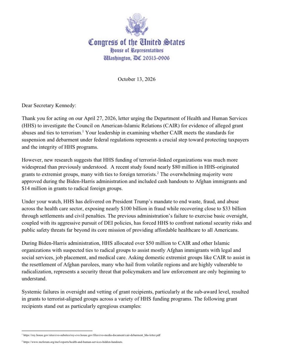 RepMaryMiller's tweet photo. I joined @RepChipRoy in calling for an HHS investigation into CAIR and other Islamic organizations that reportedly received nearly $80 MILLION in federal grants under Joe Biden. This is insane and must be stopped. https://t.co/avS4Sp7ZQL