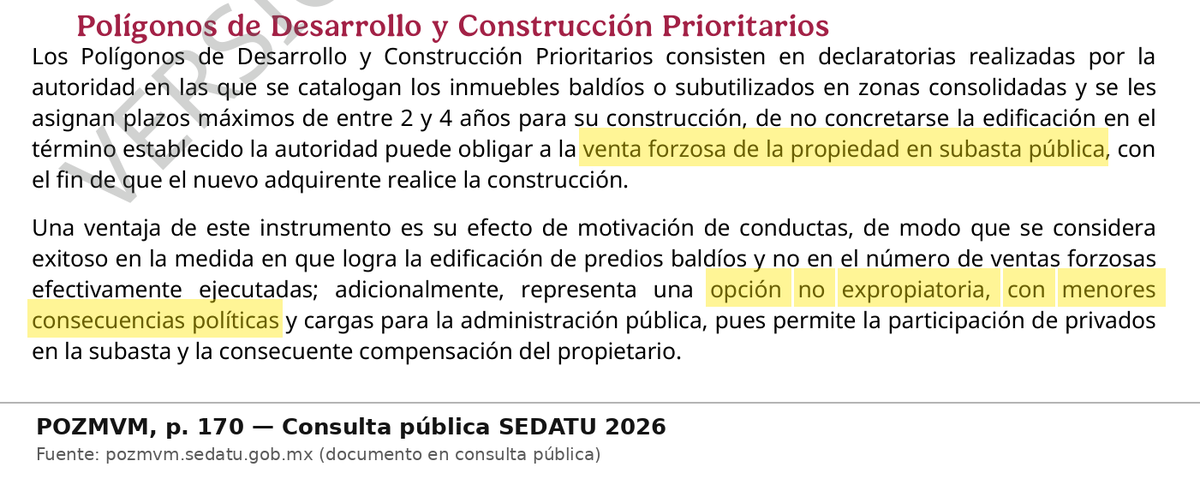 PGDCDMX's tweet photo. «Dicen que no nos van a aumentar… ¡al tiempo!», advierte @lopezdoriga sobre el predial. Como ciudadanos no tenemos que adivinar: el gobierno ya lo dejó por escrito en el #POZMVM.

P. 174: actualizar los registros catastrales para que los valores de las propiedades «se asimilen a los valores del mercado inmobiliario», con «métodos de valuación masiva».

No necesitan tocar la tasa: si el valor catastral se va al precio de mercado, el predial sube de todos modos.

P. 170: a los predios «baldíos o subutilizados», plazos de 2 a 4 años y luego «venta forzosa de la propiedad en subasta pública». Ellos mismos la llaman «opción no expropiatoria, con menores consecuencias políticas».

¿A quién le creemos, a los voceros o a su propio documento? @ClaraBrugadaM @SEDATU_mx @MetropolisCDMX