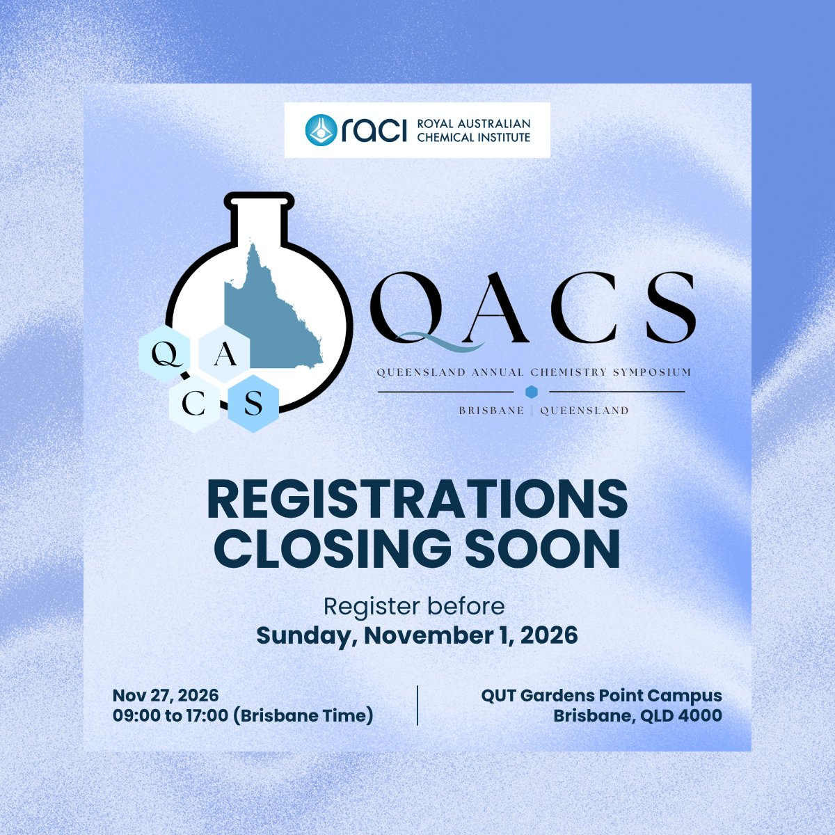 RACInational's tweet photo. Registrations closing soon for QACS 2026. Don’t miss out!
Secure your spot ➡️ https://t.co/5dst2RLqY6
#QACS2026 #RACI #ozchem https://t.co/EX1p29rNpy
