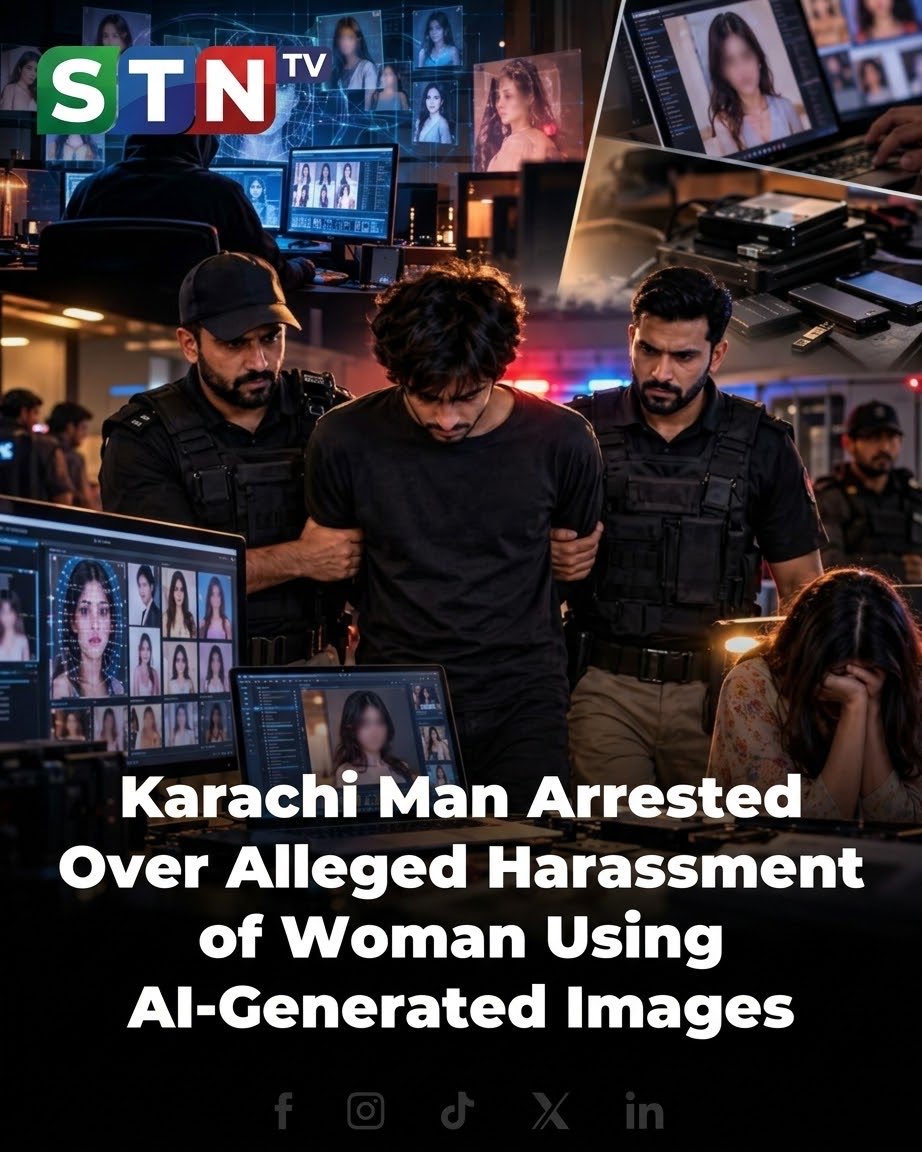 iamstn1's tweet photo. The National Cyber Crime Investigation Agency (NCCIA) has arrested a man in Karachi’s Gulistan-e-Jauhar area over allegat!ons of harassing a woman using AI-generated and digitally altered images shared through fake social media accounts.

#STNTV #NCCIA #CyberCrime #OnlineSafety https://t.co/grmY1Vb8ek
