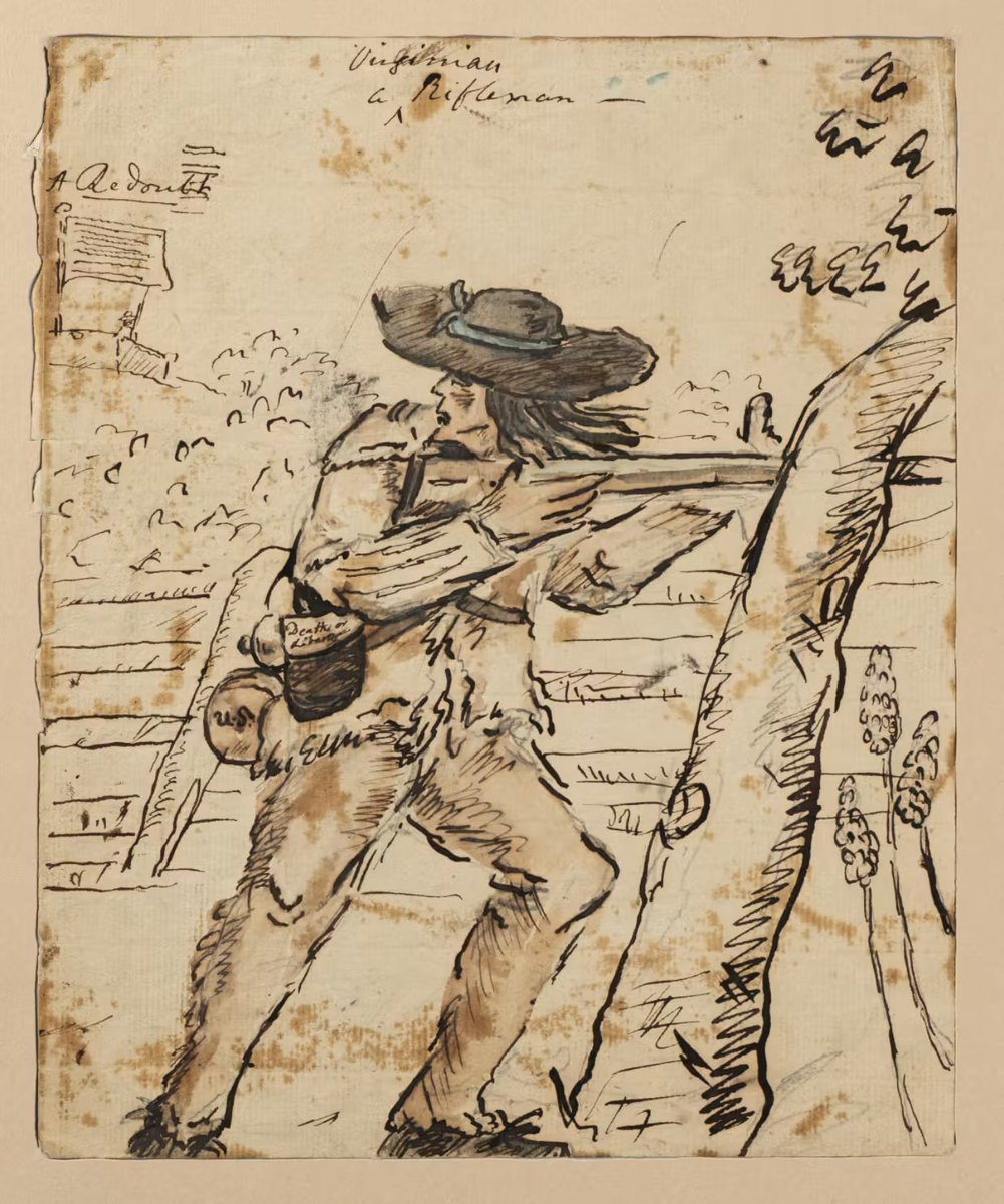 KKriegeBlog's tweet photo. Real images of human beings, from the Revolutionary War, seen by human eyes, processed by human brains, and drawn by human hands, are infinitely more valuable than AI produced images could ever be. 

An American Rifleman, drawn by British officer Richard Mansergh St. George. 1/ https://t.co/8nAqxWqtAz