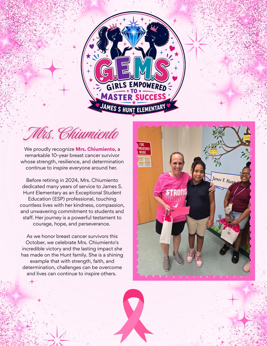 HuntElementary's tweet photo. In October, G.E.M.S. wear PINK with purpose! 💗💎 We honor survivors, support those fighting, remember loved ones, and stand with families impacted by breast cancer. Your strength, courage, and stories inspire us! ✨ #BreastCancerAwareness #GEMSShineBright @HartPrincipal @orr_ap https://t.co/kWhV9EXIJU