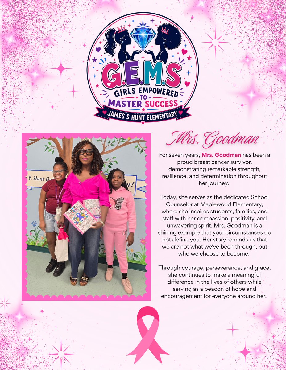 HuntElementary's tweet photo. In October, G.E.M.S. wear PINK with purpose! 💗💎 We honor survivors, support those fighting, remember loved ones, and stand with families impacted by breast cancer. Your strength, courage, and stories inspire us! ✨ #BreastCancerAwareness #GEMSShineBright @HartPrincipal @orr_ap https://t.co/kWhV9EXIJU
