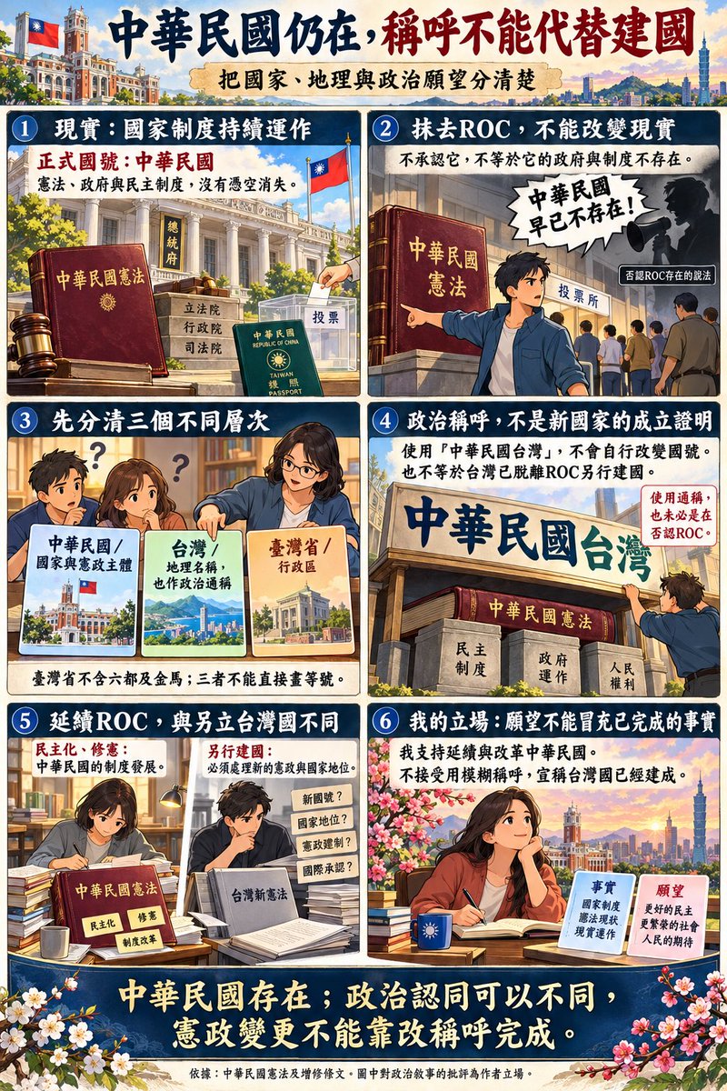 summersnow_00's tweet photo. 釐清一些常被混淆的基本概念

中共不等於中國，中華民國也沒有消失。民主化不等於另行建國，「台灣」這個稱呼更不能證明台灣國已經成立。

可以支持建國，但請先分清現行制度與政治目標。反共若連這些都不釐清，很容易一邊反對中共，一邊接受「中華民國已不存在」的敘事。 https://t.co/zIdnzMhPFU