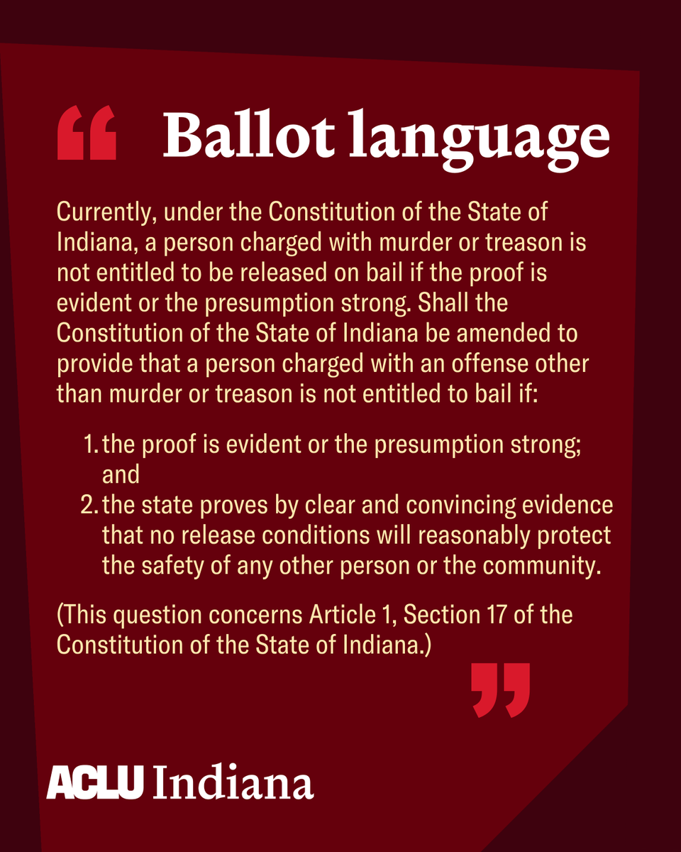 ACLUIndiana's tweet photo. Public Question 1 is on every Indiana ballot this November. 🗳️

It would expand when judges can deny bail and keep people in jail before trial, while they’re still presumed innocent.

Find more info on the stakes of this vote: https://t.co/TIYQkMLrrc https://t.co/vsS6jHm9fu