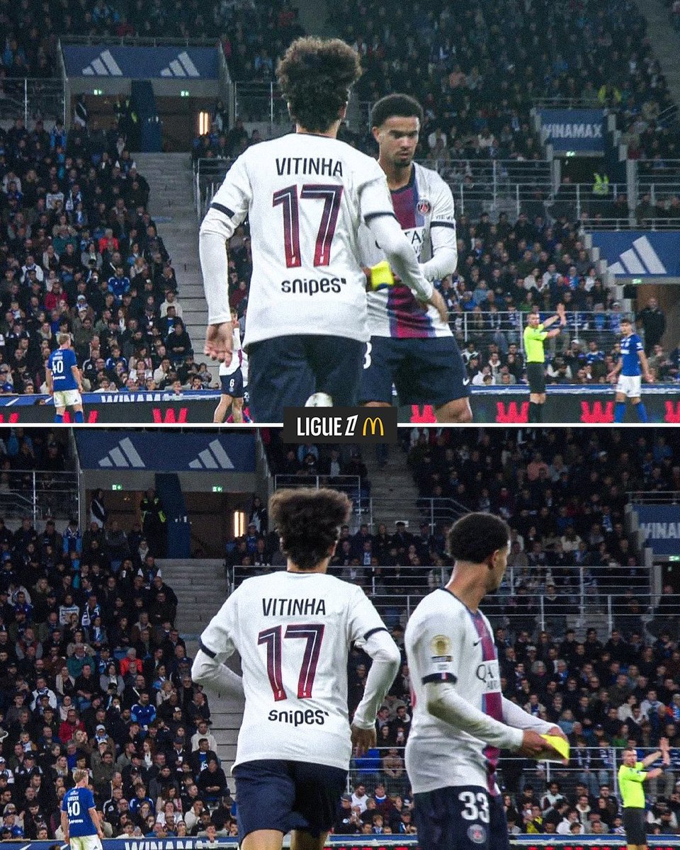 LMDPSG's tweet photo. Un moment fort du match : Vitinha a refusé le brassard de capitaine et l’a laissé à Warren Zaïre-Emery. ❤️💙

L’humilité de ce monsieur. 😮‍💨🙏🏼 https://t.co/5BVmcrOJwB