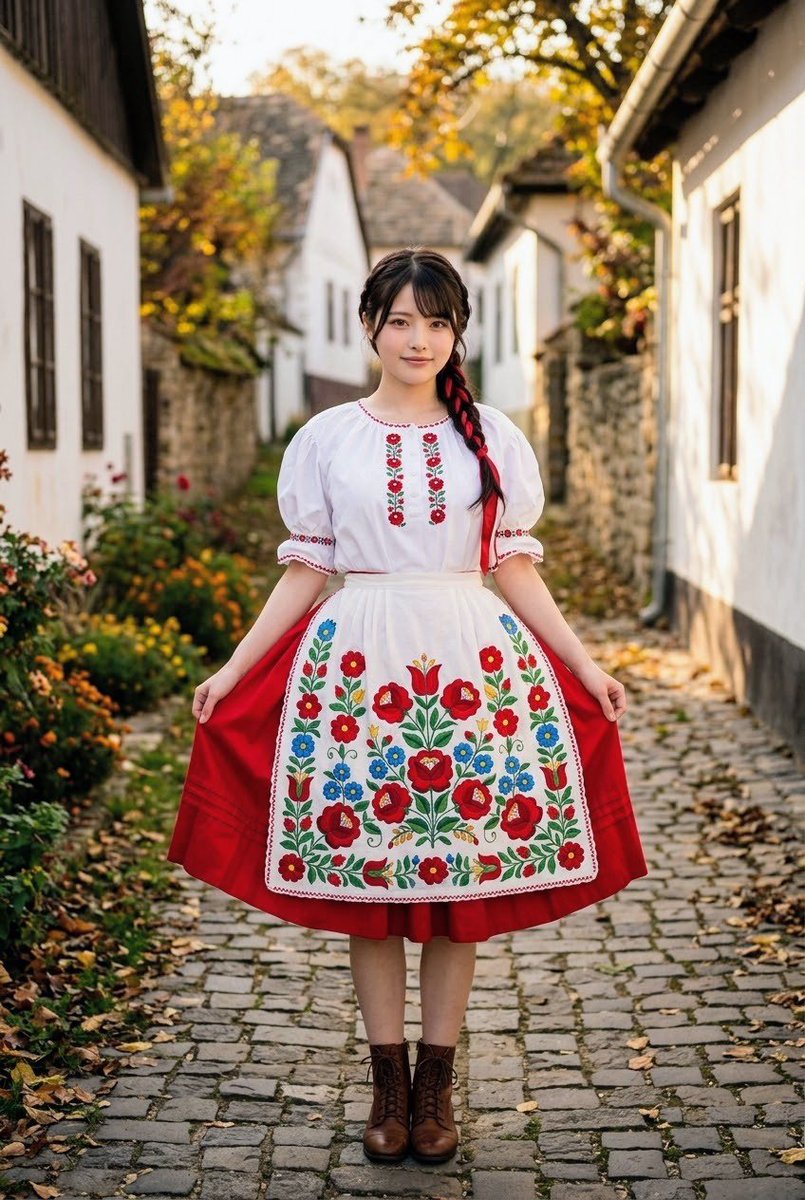 REI_AImodel's tweet photo. #REI民族衣装シリーズ 第3弾 🇭🇺
​色づく秋の古村の路地裏で、温かな木漏れ日に包まれて。
ハンガリーの伝統的なカロチャ刺繍を施した白いエプロンに、鮮やかな赤のスカート。ノスタルジックな景色の中に佇む、クラシカルで温もりあふれるひとコマ。
#AI美女 #民族衣装 https://t.co/xkvZ7pTJJC