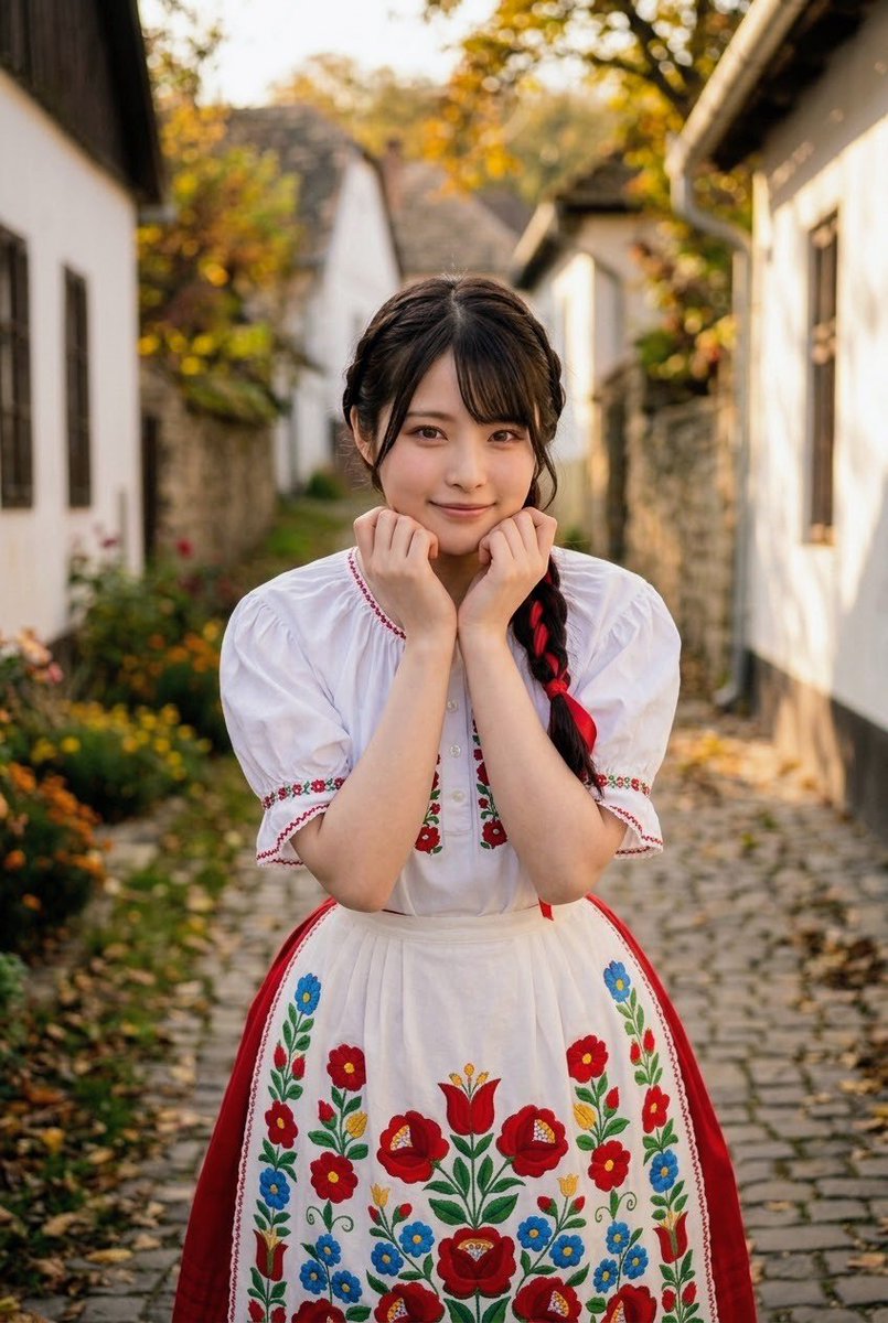 REI_AImodel's tweet photo. #REI民族衣装シリーズ 第3弾 🇭🇺
​色づく秋の古村の路地裏で、温かな木漏れ日に包まれて。
ハンガリーの伝統的なカロチャ刺繍を施した白いエプロンに、鮮やかな赤のスカート。ノスタルジックな景色の中に佇む、クラシカルで温もりあふれるひとコマ。
#AI美女 #民族衣装 https://t.co/xkvZ7pTJJC
