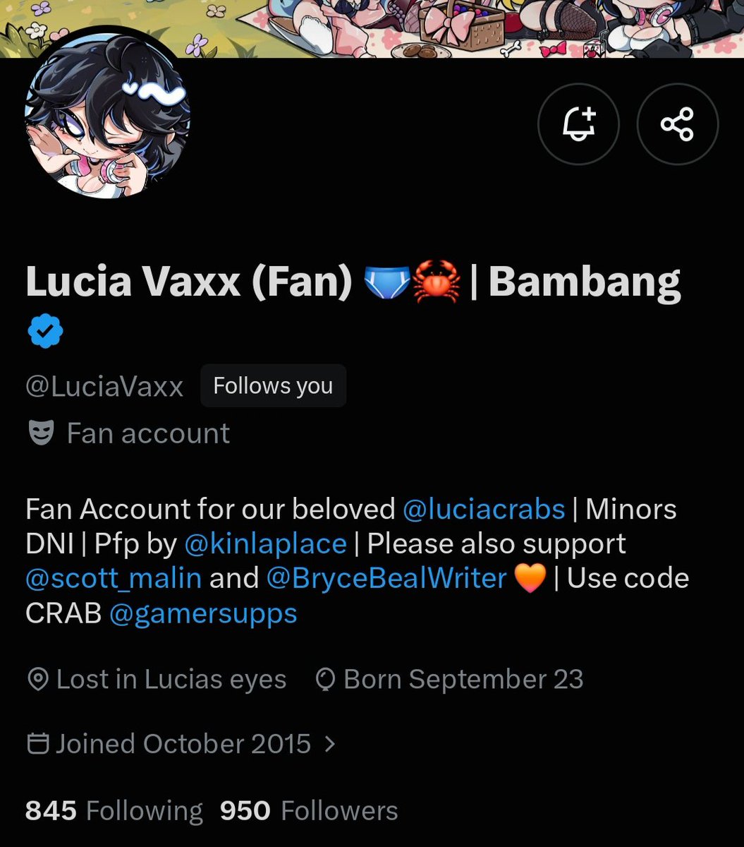 SinderVaxx's tweet photo. GO FOLLOW MY MAN @LuciaVaxx !! HES ONLY 50 AWAY FROM 1K! (Lucia herself might give you a kiss if you get him to 1k, just sayin 😉) https://t.co/td2gNtQ1t4