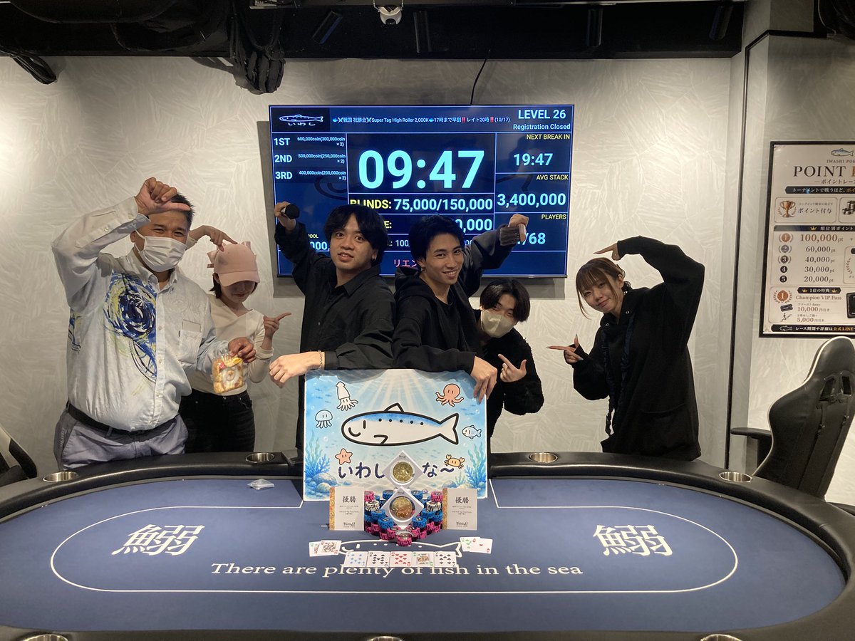 iwashi_poker's tweet photo. 🐟戦国祝勝会⚔️Super Tag High Roller  2,000K🐟

見事タッグの頂点に輝いたのは＿＿＿

✨️🥇しいたけこーき様ペア🥇✨️

🥈shin様ペア🥈

🥉MASAO様ペア🥉

🏅4位HERMESKELLY様🥇
🥇5位 ダニエル様🏅
🏅6位 りょう様ペア🏅

息の合ったチームプレイで、 Tag Teamを制覇🔥🔥

優勝おめでとうございます‼️🎉
ご参加いただいた皆様もありがとうございました🐟✨