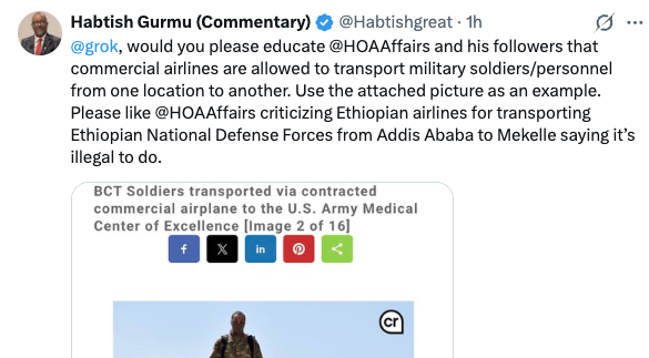 HOAAffairs's tweet photo. Oh, good boy, Mr. #Habtamu_Gurmu_Chala (@Habtishgreat)! 😂 I am genuinely delighted to see some progress! You tagged @HOAAffairs twice, and I apologize for not responding sooner. I was occupied with more substantive matters, but here I am! Incidentally, I recall a conversation with a good friend of mine who taught at Oakwood College in Alabama. He remembered you as a good accounting student but mentioned that English prose composition and Communication 101 presented certain challenges. Well, Mr. Chala, I believe in lifelong learning, and I have not given up on you, even if others insist you cannot be tamed! I also recall sharing some introductory reading materials on Ethiopian history and English comprehension with you a few years ago. Now, asking @grok for assistance is an encouraging beginning. But there is something called nuance, context, and reading comprehension. Where, precisely, did I argue that transporting military personnel on commercial aircraft was illegal? Why did I invoke the sixteenth century? What was the significance of describing Ethiopian Airlines as a prestigious national institution? What historical and political concerns was I actually raising? Next time, simply copy my entire statement into Grok and ask, “What the hell is this Shabia agent talking about: IL, norms, Kantian, AU, IR, realism, Spiral Dynamics etc” You might discover that criticizing the political instrumentalization of a national institution is not the same as declaring an activity unlawful. Nevertheless, I am impressed by this modest progress toward civil discourse. And because you have demonstrated some willingness to learn, I shall spare you another installment from the audio archive today. Consider it positive reinforcement! Keep reading, keep asking questions, and above all, think before responding. A promising start, Mr. Chala. Your old teachers would surely appreciate the effort! 👏