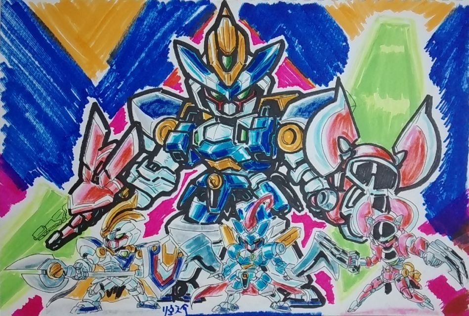 sudouryu's tweet photo. おはようございます🌅
今日10月18日は『ダンボール戦機W』が2012年に発売された日🎉

ということで
｢エルシオン｣
｢ペルセウス｣
｢ミネルバ｣
そして三位一体でひとつになった
｢Σオービス｣を描きました✴✴✴

下段の三機のポーズはプラモのパッケージのです😉

本日もよろしくお願いします(^_^) https://t.co/4Sci02AoHm