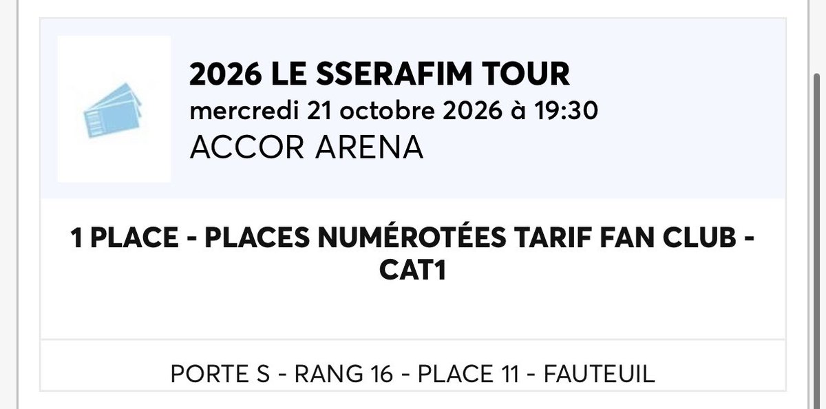 ChaewonGala's tweet photo. Ma pote vend sa place Catégorie 1 pour Le Sserafim à Paris 150 € (prix négociable)assez bien placé, ya les infos sur la photo
#LeSserafim #Paris #LeSserafimParis #Bercy https://t.co/8CriurKl3M