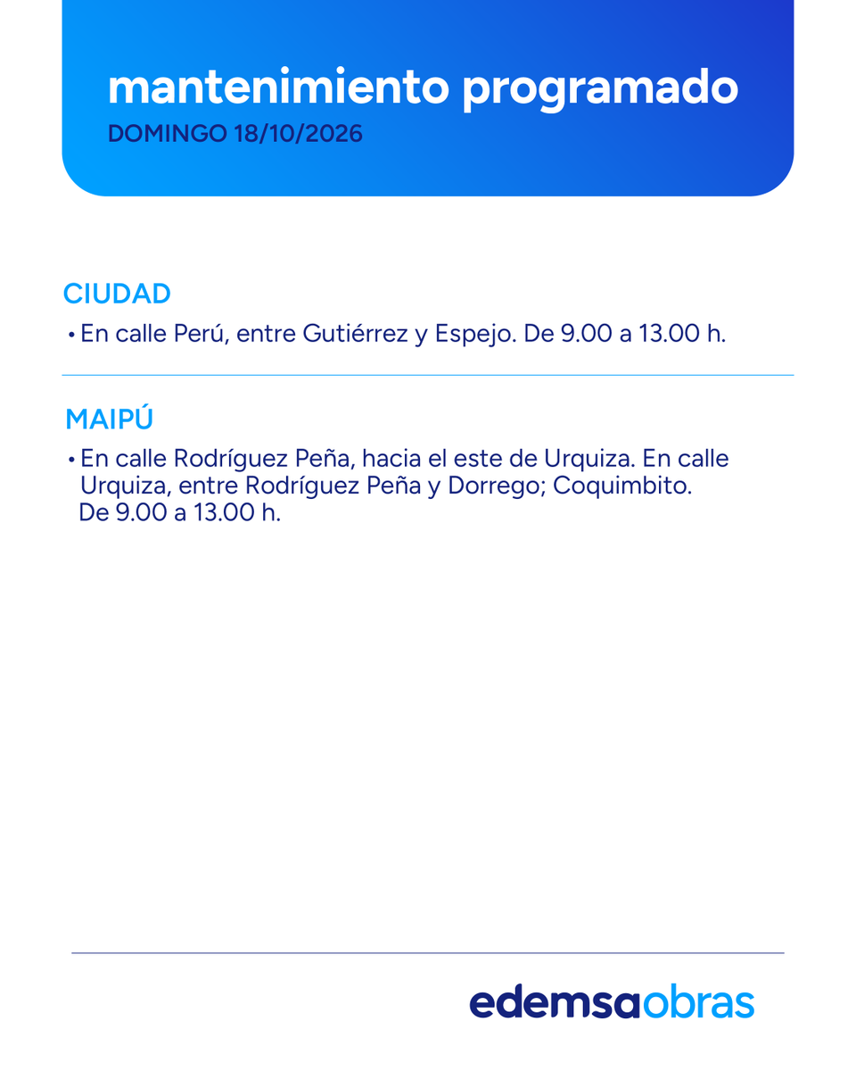 Edemsa's tweet photo. ⚠️ Mantenimiento Programado #Edemsa
Domingo 18 de Octubre.
Afectación del servicio en las siguientes zonas y horarios.
Recordá que podés consultar el #Mantenimiento2026 en nuestra web https://t.co/dXA7e8Bp7r https://t.co/vIScmlB9It