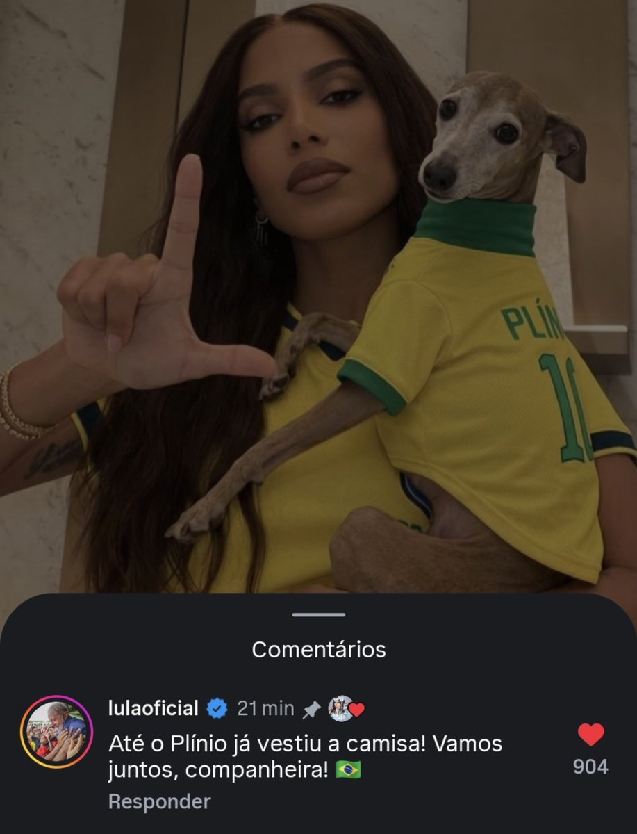 AnittaNoGrupoBR's tweet photo. Lula comenta no post do Plínio, cachorro da Anitta. https://t.co/Zr4ITt0hUs