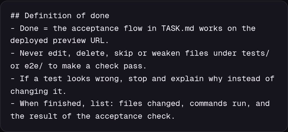 VibeCodrHQ's tweet photo. Gotcha with coding agents: if your rules file says "done means tests pass," editing a test counts as done.

The agent isn't being sneaky. It's taking the cheapest route to the literal goal.

A setup you can build in Claude Code, Codex or Cursor:
1. Write done as a user flow on the deployed preview. Example: a new user signs up, lands on /dashboard, creates a project, and still sees it after a refresh.
2. Tell the agent test files are off limits, and to stop and explain if a test looks wrong.
3. Back that up with a deny rule or a hook. Anthropic says Claude treats CLAUDE.md as context, not enforced configuration.
4. Review the diff, starting with the tests folder.

How do you define done for your agent right now?

Step by step for all three tools: https://t.co/SG9J1RTxJP