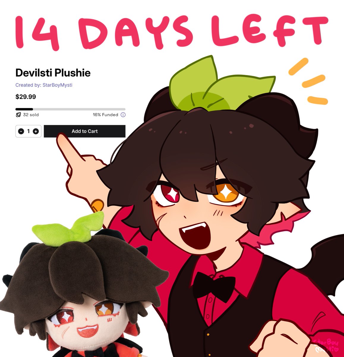 StarBoyMysti's tweet photo. 14 days left before Devilsti Plushie is gone!!! We need to reach the 200 goal by then so please get one if you want one! Everyone will be refunded if the campaign fails. Lets fully fund the mischievous guy! https://t.co/QjFc11PoS6