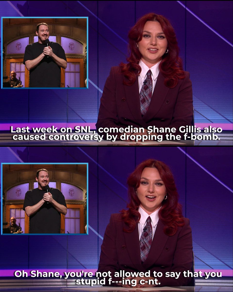 thesnlnetwork's tweet photo. No fines here! Ania Magliano calls Shane Gillis a “Stupid f*cking c*nt” on #SNLUK Weekend Update https://t.co/e4tP7fbhoU