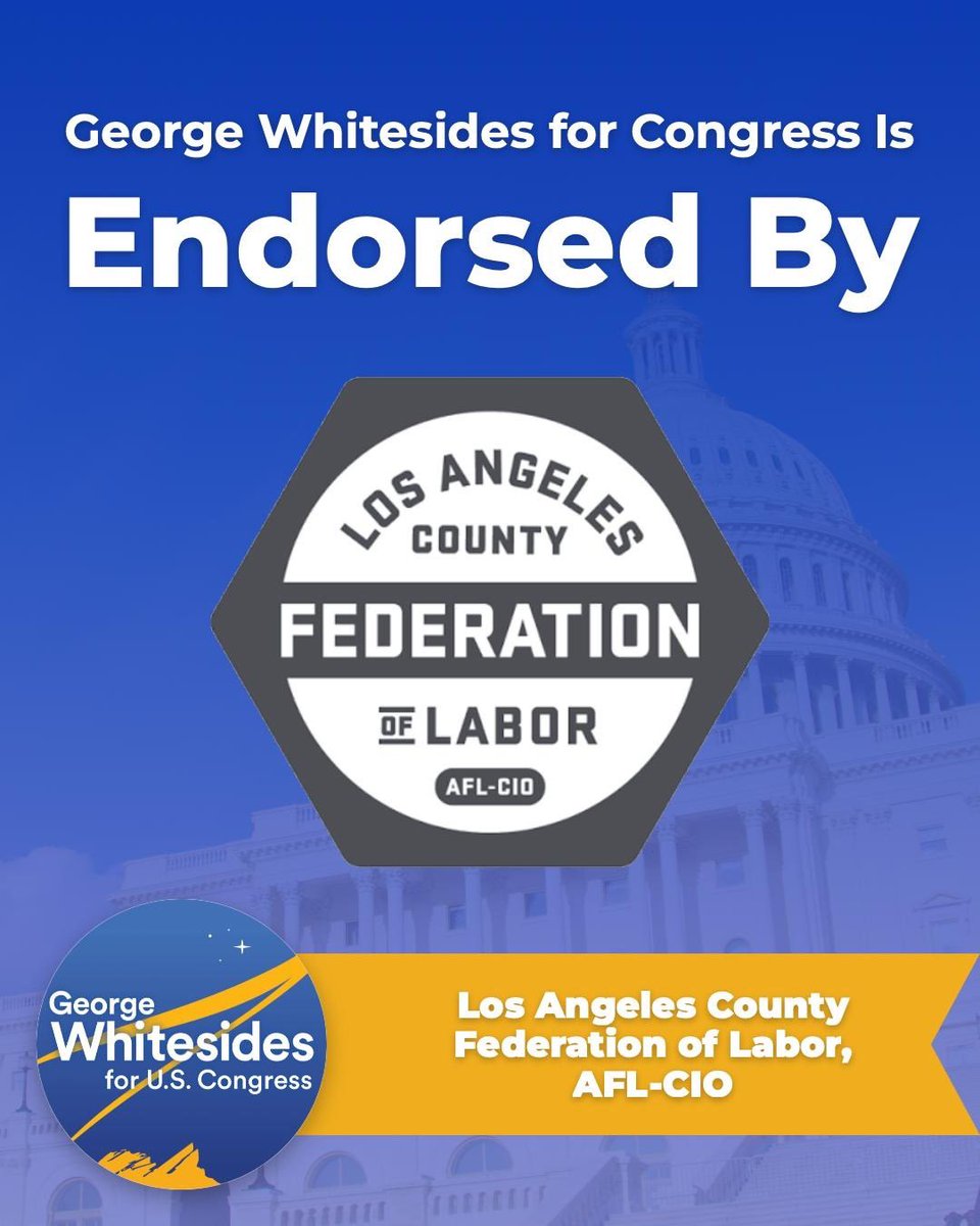 gtwhitesides's tweet photo. Thank you to the Los Angeles County Federation of Labor for your endorsement! I'll keep working alongside the union members who power our region, fighting for fair wages, strong benefits and a secure retirement. https://t.co/6Tu3O9tlB0