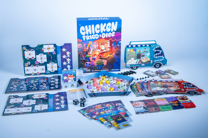 BoardGameJay's tweet photo. In this real time roll and write, compete to run the best food truck.

-Roll ingredient dice to fill customer meals
-Fight real time over dice to take
-Combo your ingredients to unlock upgrades for your food truck

This game is called Chicken Fried Dice https://t.co/VopvdtiAMB