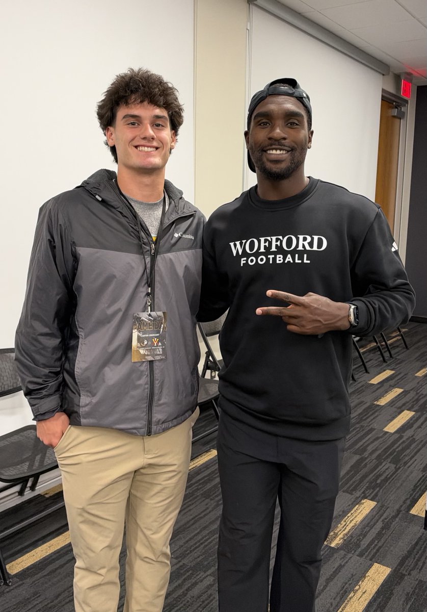 CarterEberhart's tweet photo. Thank you @Crocker_5 and @Wofford_FB for the game day invite and congrats on an impressive win today!  It was great to get on campus and meet the coaching staff.  I appreciate the time @coachmichaelee spent talking game with me.
@CoachHughes_13 , @FootballSlca , @TrevorTBryan  , @PrepRedzoneNC , @whelms21 , @TrentonLuera14 , @Luke_Johnson14 , @jake_benger