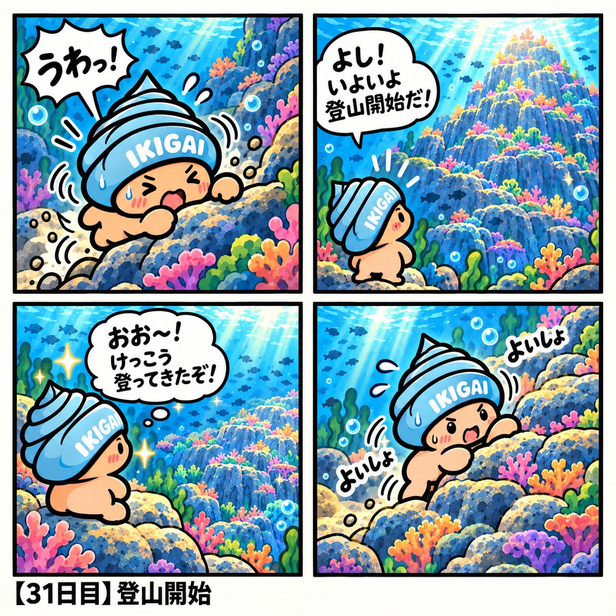 IKIGAI_field's tweet photo. 【100日後に生きがいを見つける貝】 31日目「登山開始」 坂道きつい〜！！ でも、少しずつ景色が高くなっていくのが楽しい。 汗だく（海の中だけど）だ貝💦 IKIGAI万博まであと57日 #IKIGAIくん #生きがい #4コマ漫画 #IKIGAI万博 #生きがいにかえろう https://t.co/Qw254uIJ4v