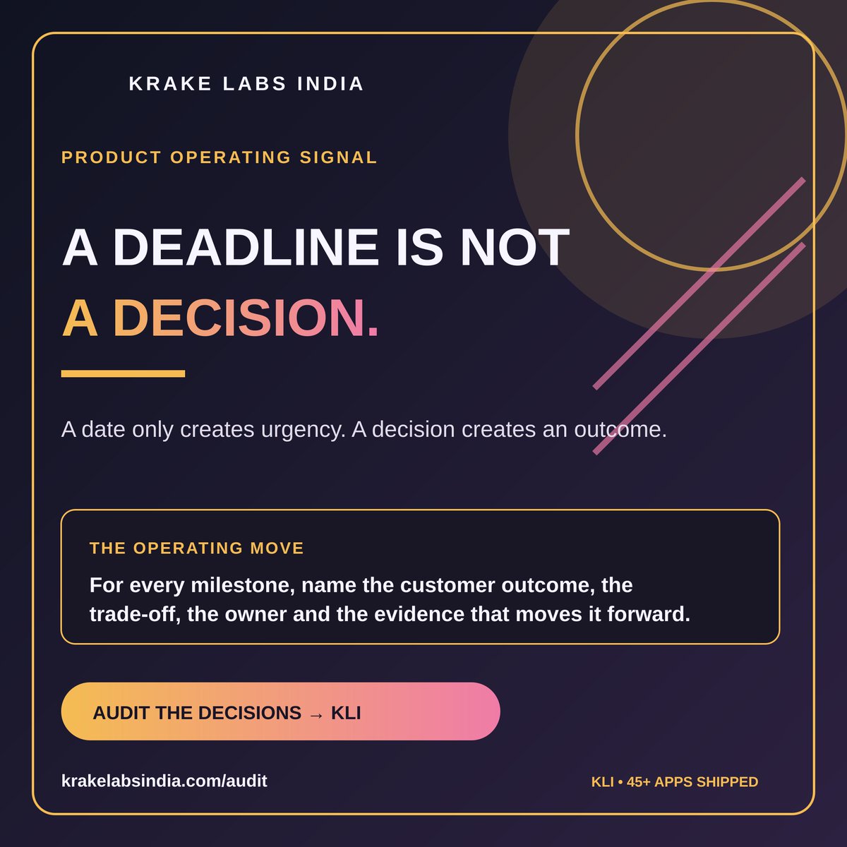 KLIKrakelab's tweet photo. A deadline is not a decision. A date creates urgency—not customer outcome, trade-off, ownership or evidence. For every milestone, name all four. Otherwise you have activity, not control. Which deadline needs a decision before another meeting? https://t.co/xuD676fVix