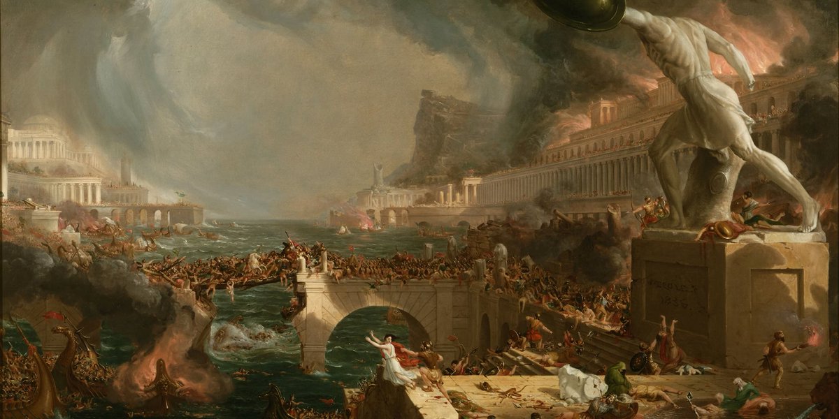 TheChrisCostin's tweet photo. The scenes in France tonight made me think about civilisation.

How permanent it all feels when you're living inside it. We assume the world around us will remain more or less as it is.

And yet, history tells us that every great empire that ever existed eventually came to an end…. 

Repeatedly, during the collapse of a civilisation, the people living through those final years rarely even realise it’s happening.

A 🧵…