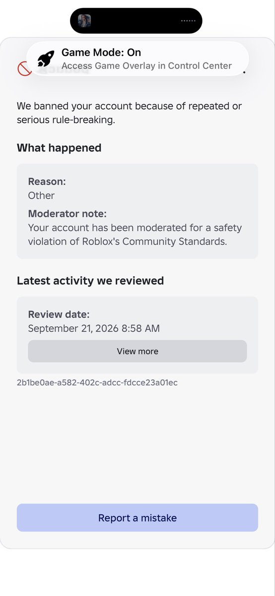 aliyahkp40's tweet photo. @Roblox @RobloxSupport My appeal was accepted, yet I’m still banned. My standing was “Fair,” the ban reason changed 3 times, and Roblox provided NO evidence of what I supposedly did wrong. Support keeps directing me to an appeal option that doesn’t exist. Please investigate! https://t.co/0mJucg3Ufg