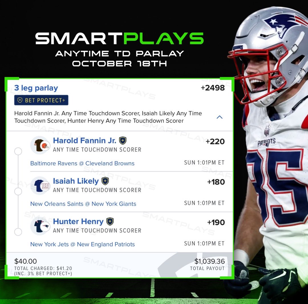 SmartPlaysDaily's tweet photo. NFL Sunday • Anytime Touchdown Parlay 🏈 https://t.co/3e5JkrLbno