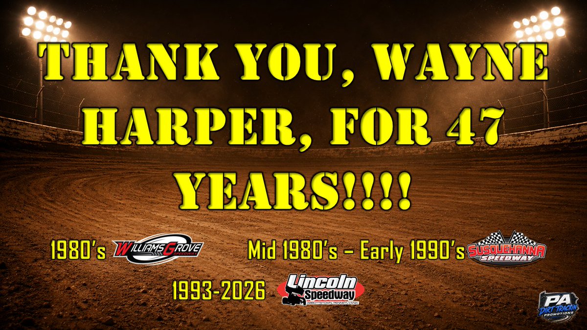 PAPOSSE410s's tweet photo. It was announced today that long time track announcer Wayne Harper is retiring after today's race.  Wayne has announced at 3 different tracks in the area over the years.  Harper has been part of the heart of what PA Posse racing is all about.  THANK YOU WAYNE FOR 47 YEARS!!  ENJOY YOUR RETIREMENT BUDDY!