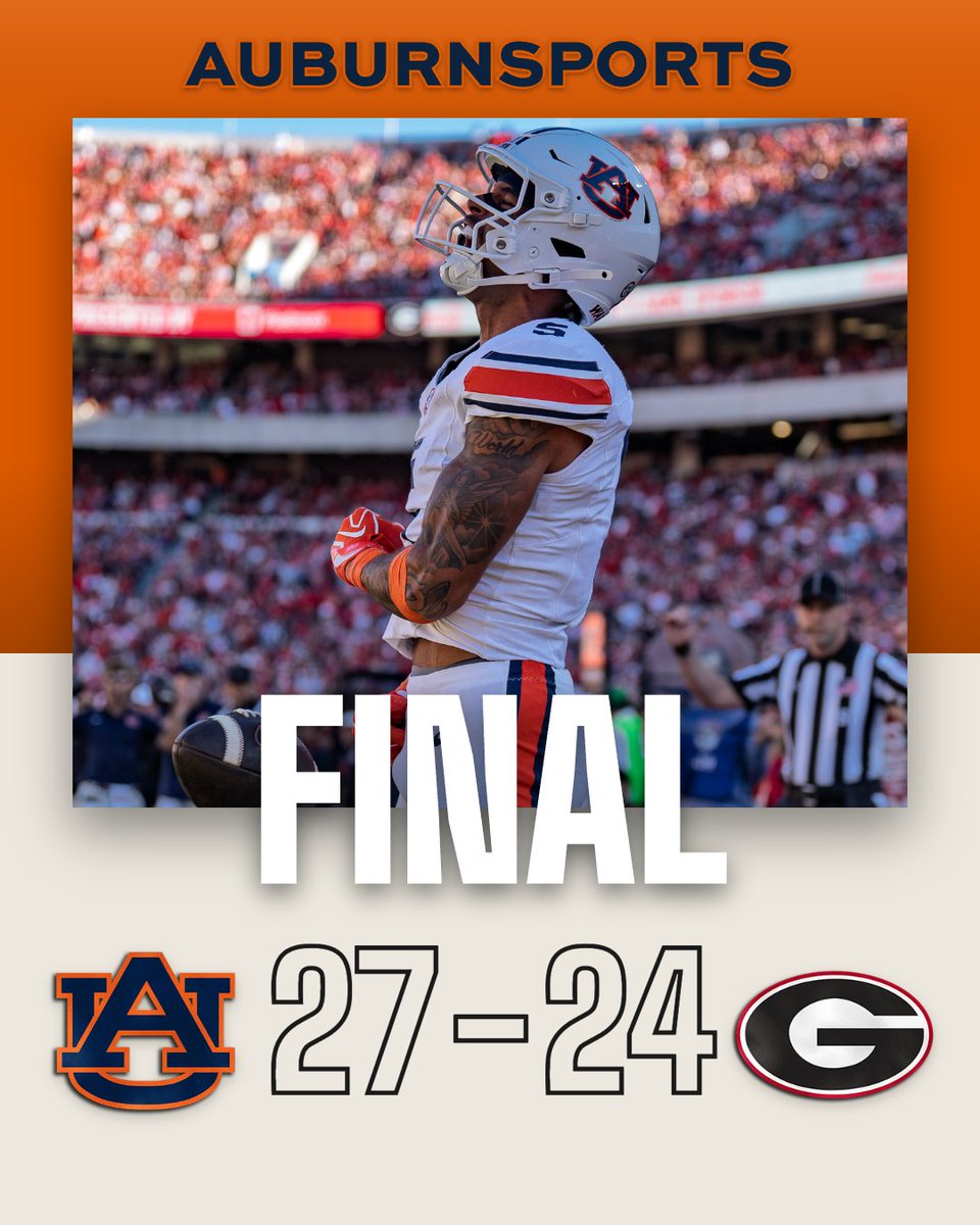 _JHokanson's tweet photo. INCREDIBLE. The Auburn program needed a win like this more than words can describe. It's Auburn’s fifth win over an AP No. 1 team since 1990, the most in the FBS. Georgia’s nine-game winning streak in the series is snapped. Monumental day for Auburn and Alex Golesh. https://t.co/fOrmcZ030P