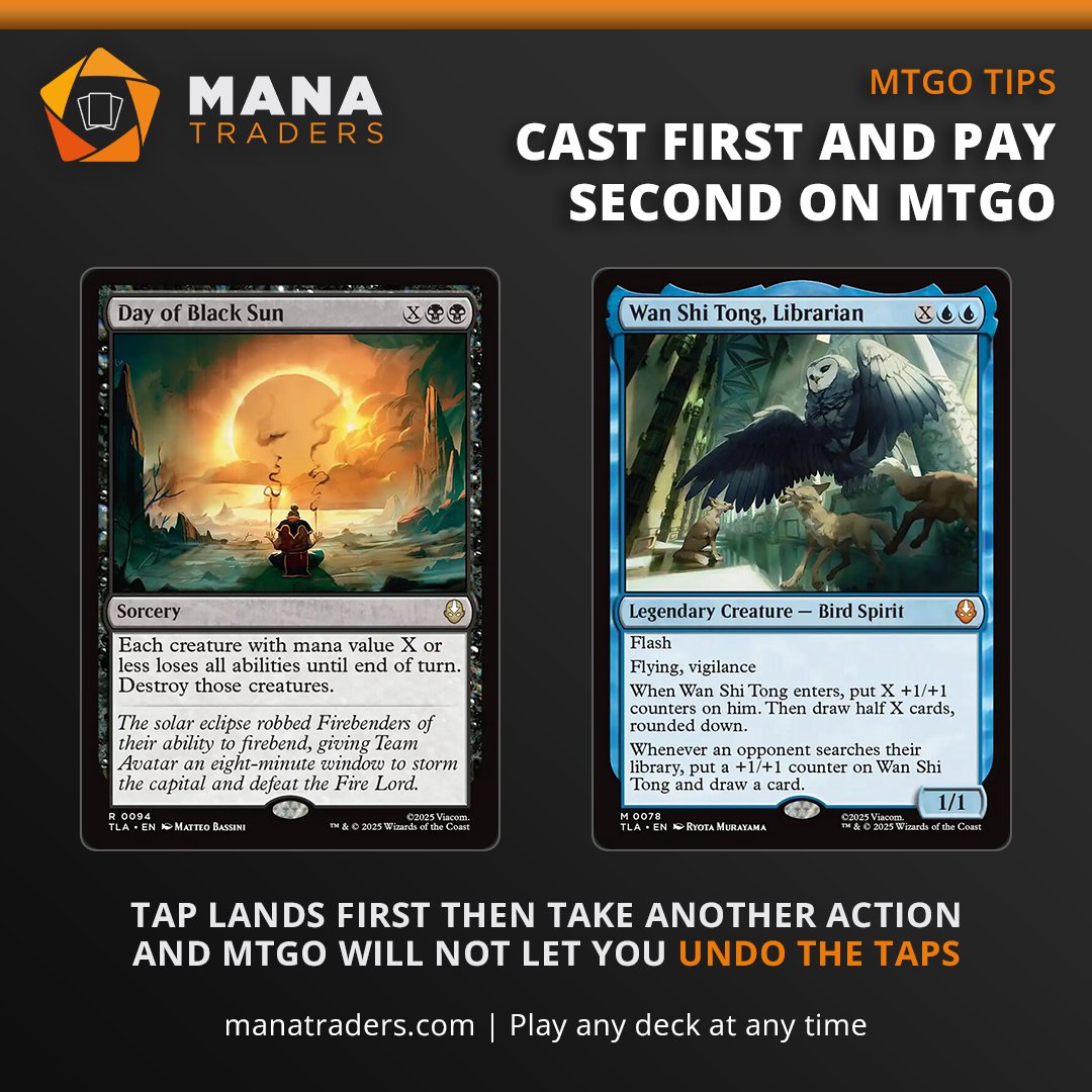 Mana_traders's tweet photo. MTGO tip: cast the spell first, pay second. 

Changed your mind about a X spell? If you tap lands for mana, then play a land, you can no longer undo the taps. 

Remember to play lands first, cast your spell and then tap your lands.

#mtg #mtgcommunity #mtgstandard #mtgo https://t.co/n2FvLsuPen