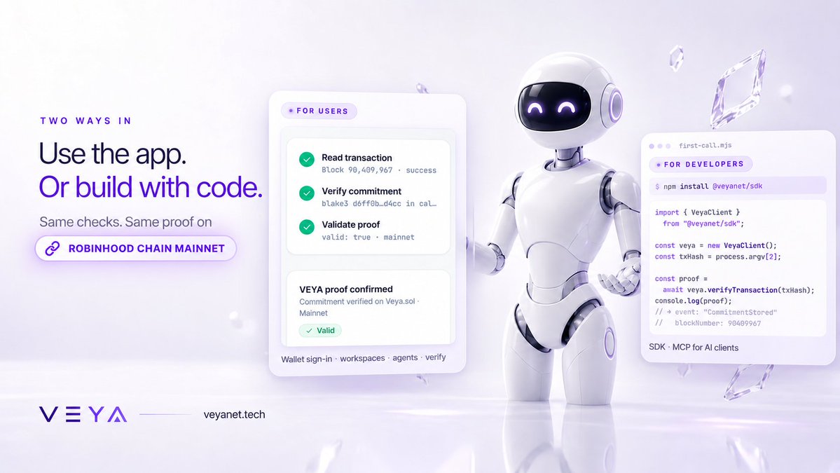 withveya's tweet photo. VEYA is live on Robinhood Chain Mainnet. Here’s how to use it. 

For users: Connect your wallet, create an account, and manage your agents through the VEYA app.

For developers: Build with VEYA using the API, TypeScript SDK, or MCP.

Both paths connect to the same infrastructure for controlled execution and verifiable onchain outcomes.

 App: https://t.co/7rgGYV2I2k
Developer docs: https://t.co/6FpfbHNkt3

$veya
