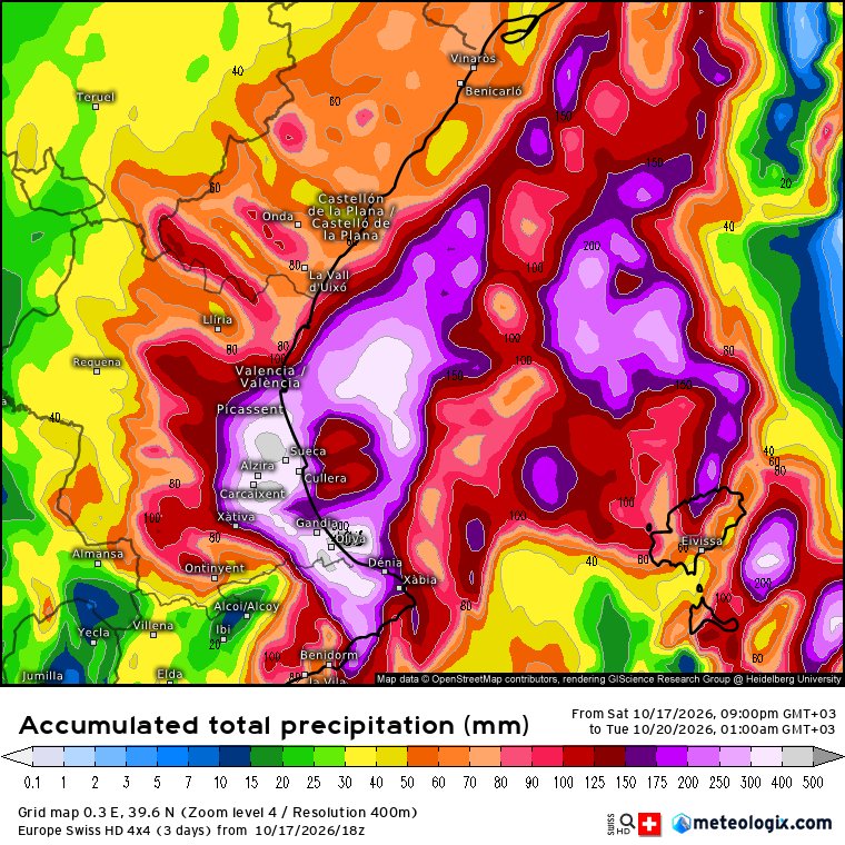 globerourdiales's tweet photo. 🚨🚨Vayas mapas! 300-400 mm de acumulado total en 30 horas que durará lo más intenso de este episodio mediterráneo sería una bestialidad. Como referencia, en todo 2025 se registraron en Zaragoza 341 mm https://t.co/Sqp4lntozp