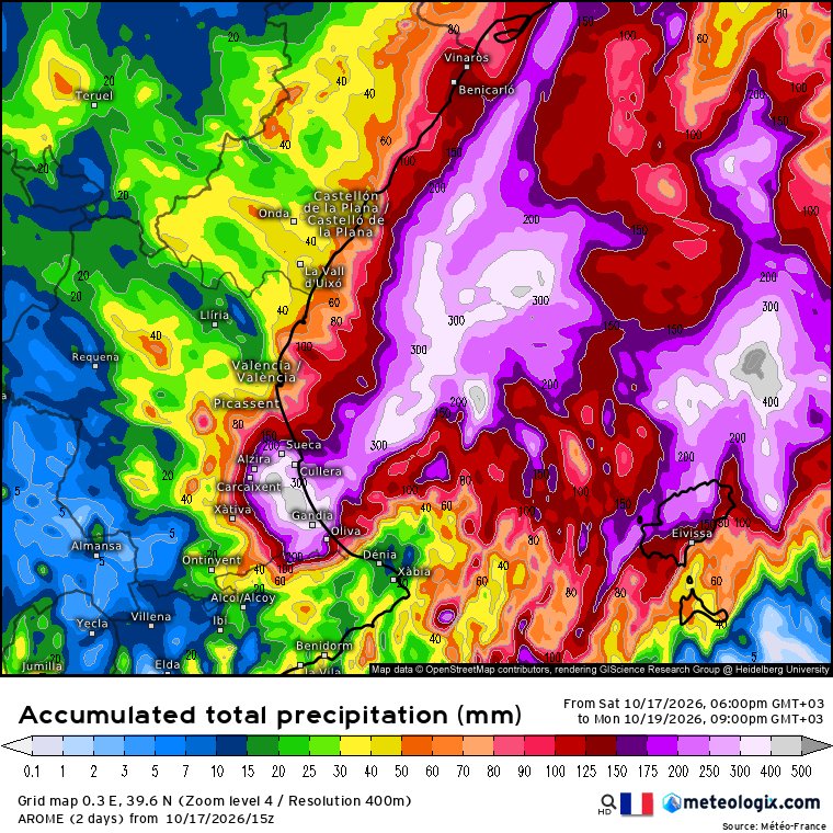 globerourdiales's tweet photo. 🚨🚨Vayas mapas! 300-400 mm de acumulado total en 30 horas que durará lo más intenso de este episodio mediterráneo sería una bestialidad. Como referencia, en todo 2025 se registraron en Zaragoza 341 mm https://t.co/Sqp4lntozp