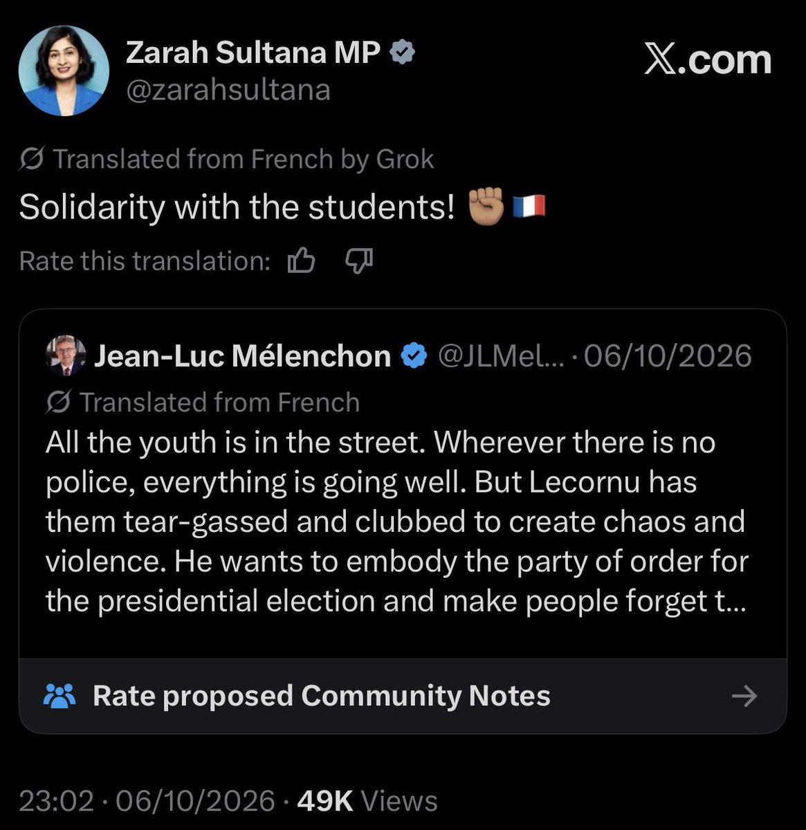 ArchRose90's tweet photo. Imagine if it was the far-right rioting in France and Nigel Farage posted in solidarity with them. Zarah Sultana would have been very vocal.

She is completely unfit to be an MP. She’s as dangerous as she is idiotic. https://t.co/wMT97gtHV7