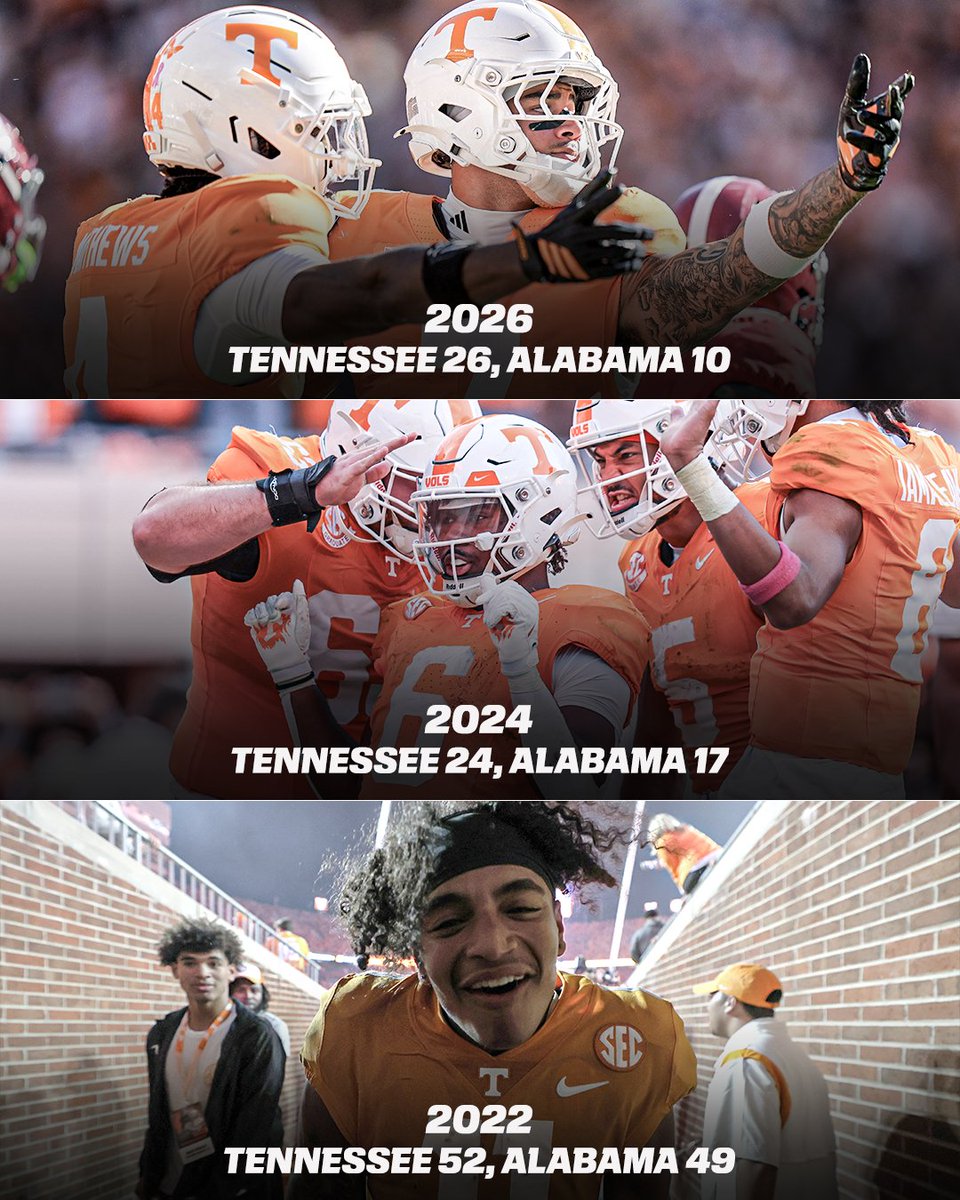SECNetwork's tweet photo. THREE STRAIGHT WINS OVER BAMA IN KNOXVILLE 🔥

@Vol_Football https://t.co/j3FNdcbnRG