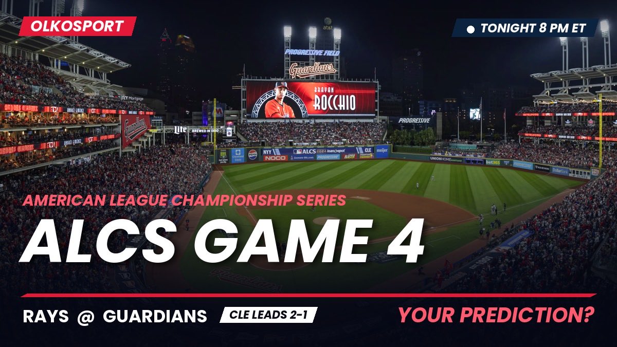 OLKOSPORT's tweet photo. ⚾ 1 HOUR TO ALCS GAME 4 ⚾

Rays @ Guardians
⏰ 8 PM ET

Cleveland up 2-1 👀
Win tonight = 1 win from the World Series

Rays need Junior Caminero to wake up after an 0-for-4, 4 K night in Game 3 🥶

Drop your score prediction 👇
Closest guess gets a shoutout 🏆

#ALCS #MLB
#guardians