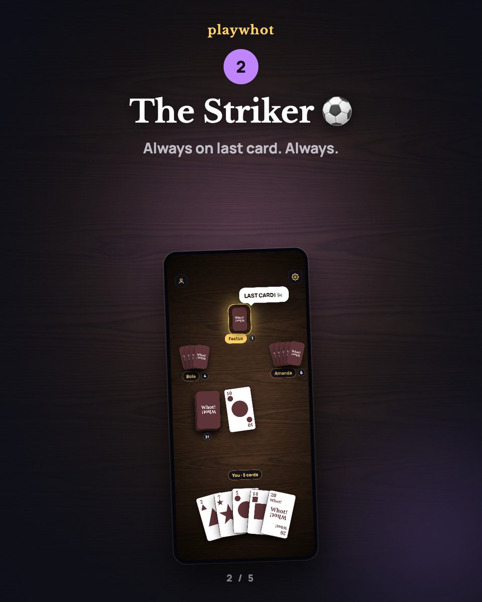 playwhot's tweet photo. Your Whot style as a footballer ⚽

🧤 Goalkeeper: holds a 2 all game to defend
⚽ Striker: always on last card
🎯 Midfielder: changes shape every turn
📋 Coach: makes up rules mid-game

⬇ Get PlayWhot free: https://t.co/UJ8v1K1hYc

#Whot #Naija https://t.co/nGtfi1p3Gj