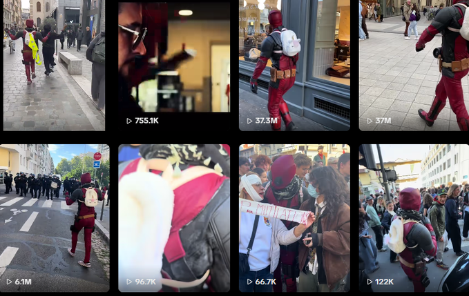 Smilleey's tweet photo. The French riots are going CRAZY as we all know and I found a runner.
This guy masked as Deadpool has been protesting through the riots getting over 100M+ VIEWS 
HE'S EVEN LIVE NOW
He posted a vid yday got 1M likes, he is LITERALLY the french savior.
https://t.co/WTIzlDVIy1
https://t.co/rfWgu7D1pc